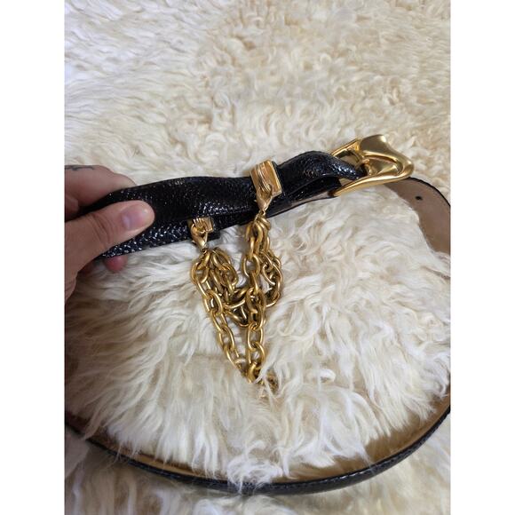 Via Condotti Genuine Reptile USA Black Leather Belt Gold Chain Detail Buckle 36" - Picture 1 of 9